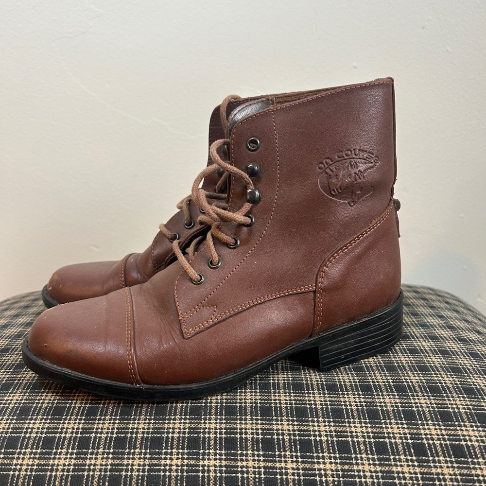 On Course Women's‎ Brown Leather Lace Up Combat Boots Made in Romania